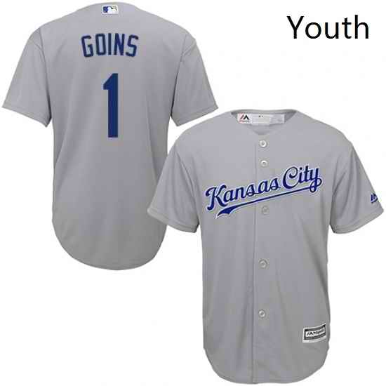 Youth Majestic Kansas City Royals 1 Ryan Goins Replica Grey Road Cool Base MLB Jersey